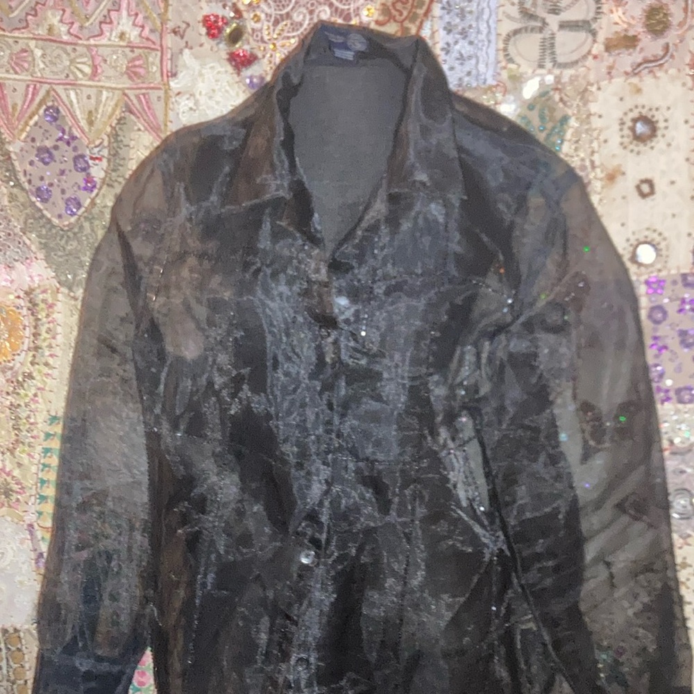 100% Polyester Sheer Beaded 3 Buttoned Blouse - image 1